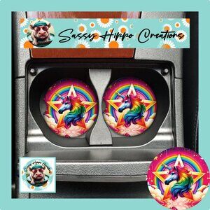 Car Coasters Colorful Unicorn Rainbow Star Set of 2 Neoprene Absorbent